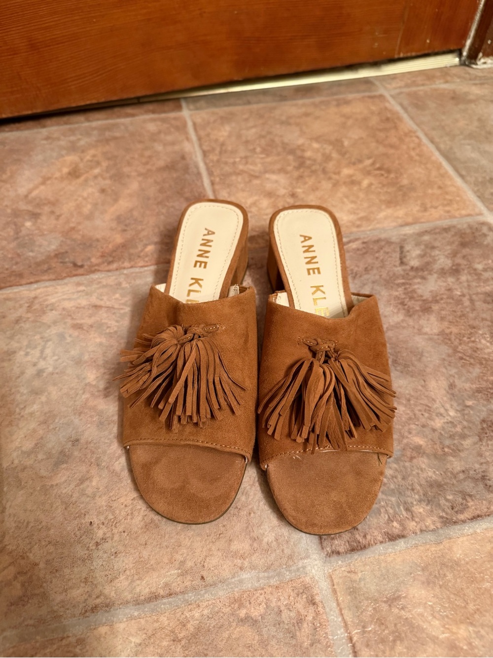 Anne Klein Brown Suede Tassel Slide Sandals